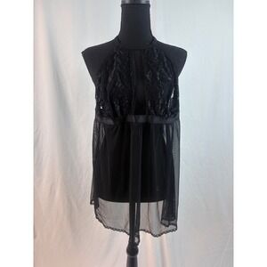 Black Sheer Mesh and Floral Lace High Neck Halter Babydoll Chemise Lingerie 1X